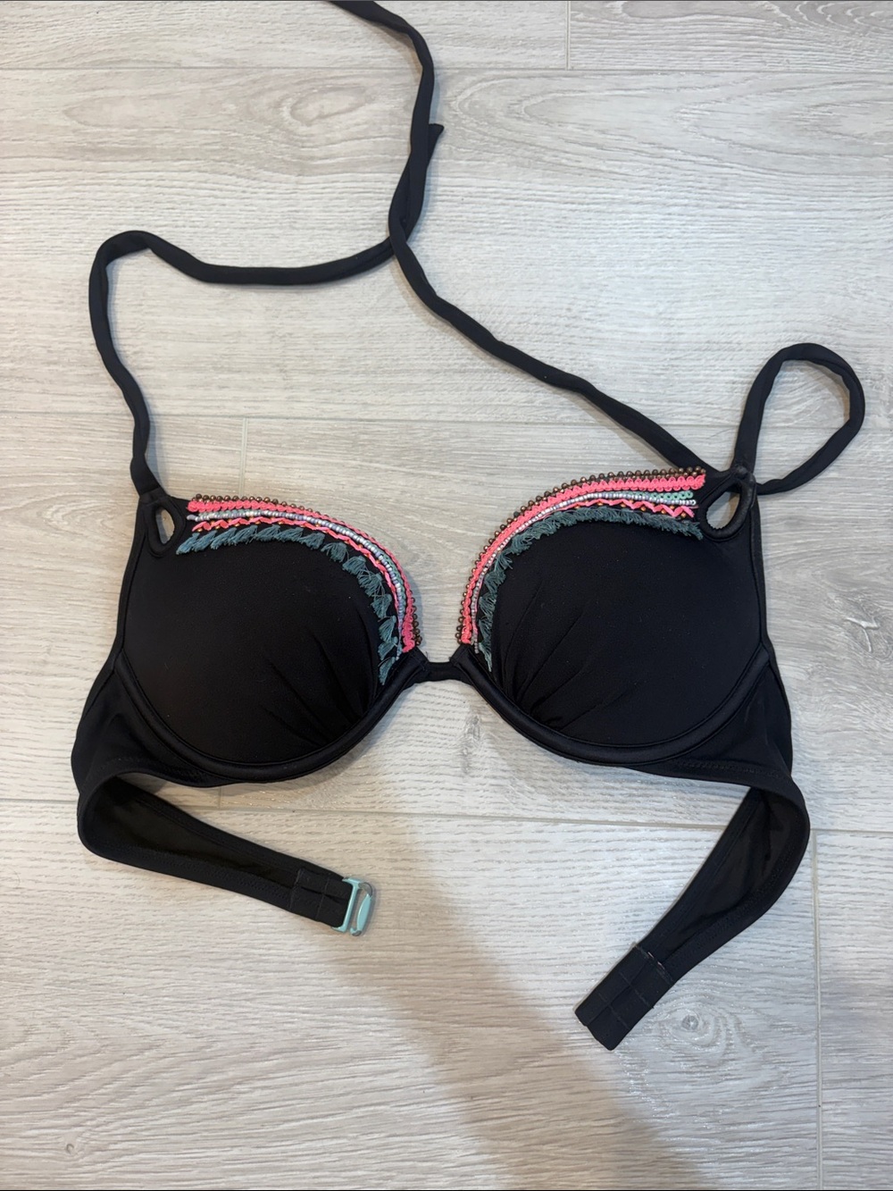Victoria's Secret Black Bikini Top with Pink & Teal Accent Trim